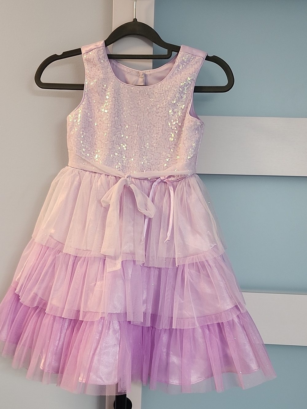 Jona Michelle Pastel Lilac Sequin Tulle Tiered Party Dress